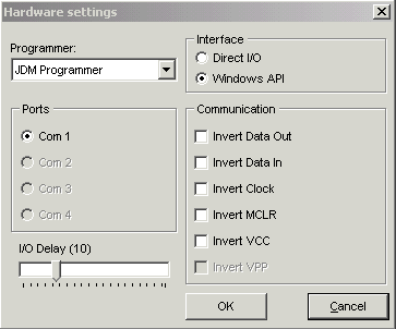IC Prog Programmer hardware menu settings