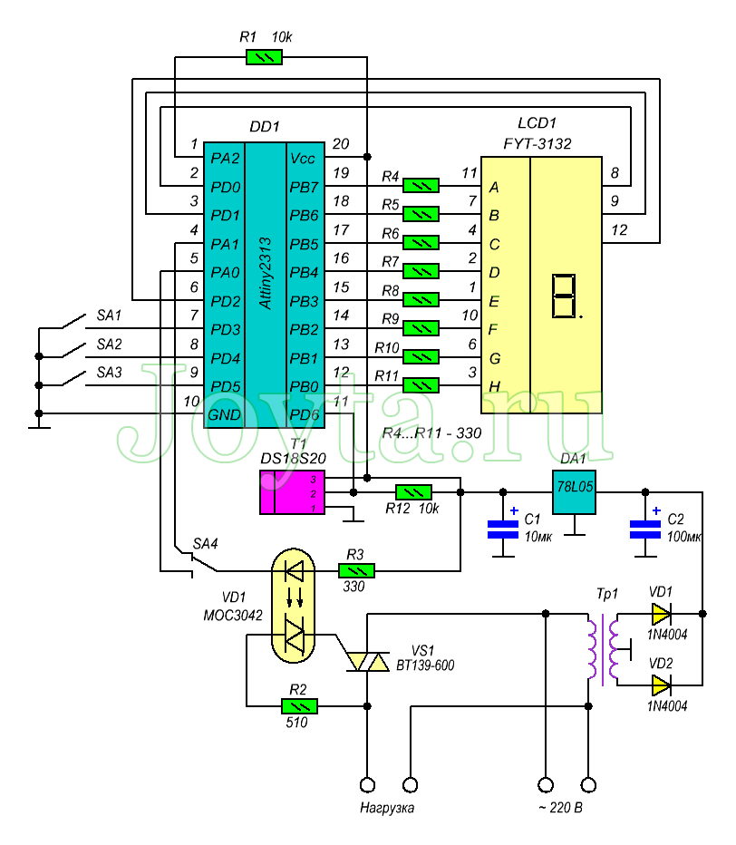схема термостата на микроконтроллере Attiny2313